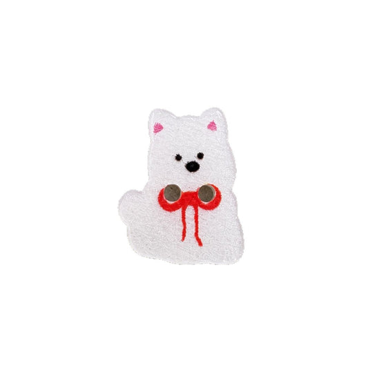 White puppy dog resin button with red bow and black face, single piece