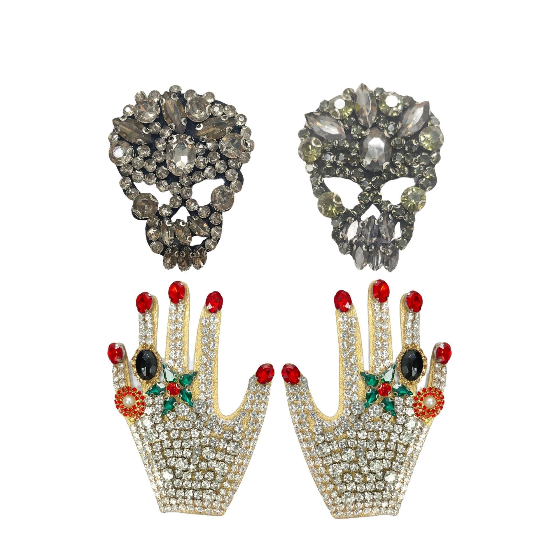 Gothic diamond skull & jeweled hand patches, 4-pack with crystal accents