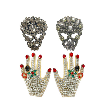 Gothic diamond skull & jeweled hand patches, 4-pack with crystal accents