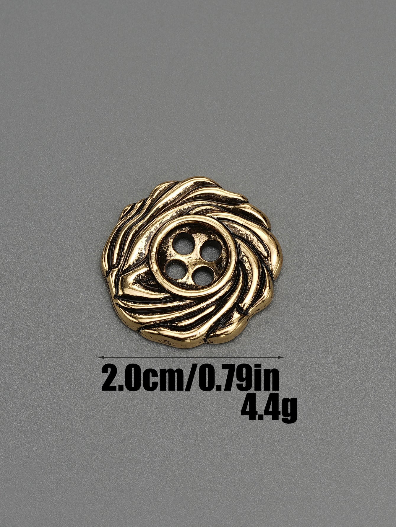 Gold 20mm spiral metal button, round 4-hole design with four holes