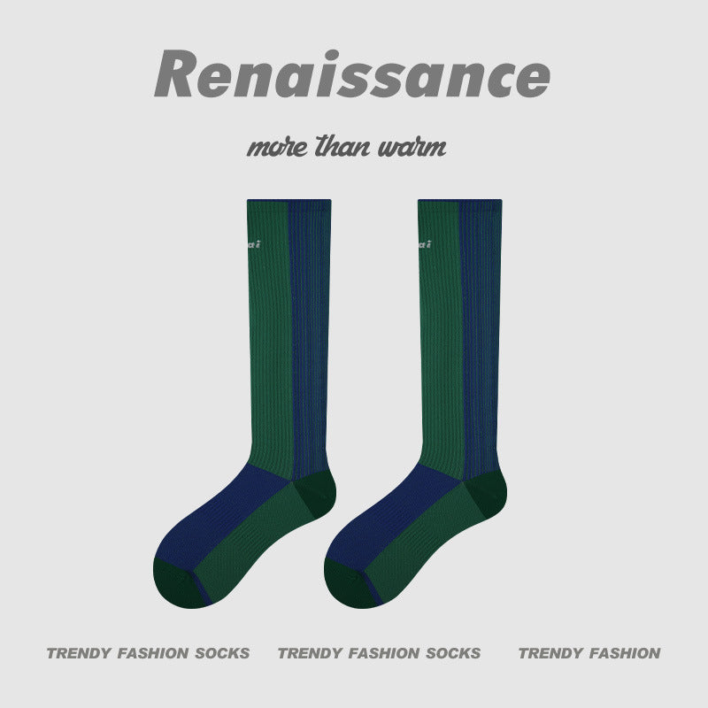Thin Compression Running Socks for Women, dark green and blue colorblock pair