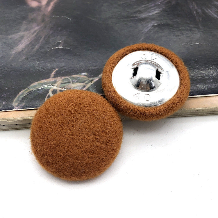 28mm round fabric-covered button, brown with metal shank
