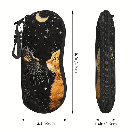 Two Cats Print Glasses Case - Soft Eyewear Pouch with Keychain 2PCS