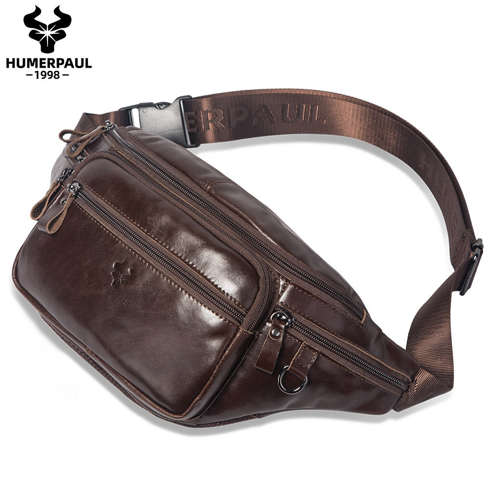 Men's Cowhide Waist Bag,Outdoor Sports Leather Sling Chest Pack Coffee