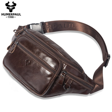 Men's Cowhide Waist Bag,Outdoor Sports Leather Sling Chest Pack Coffee