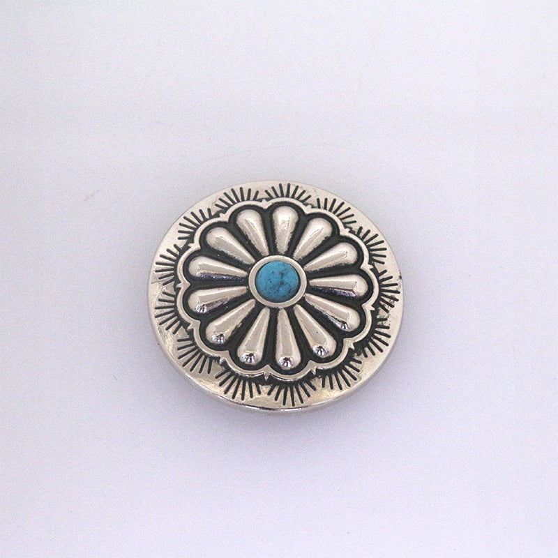 Turquoise metal stud button with floral petal rays and blue center stone