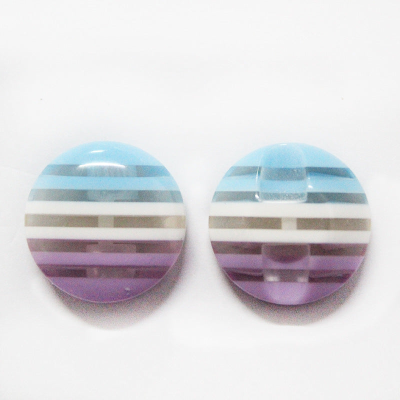Round striped resin buttons with hidden hole, light blue and purple bands with white stripe