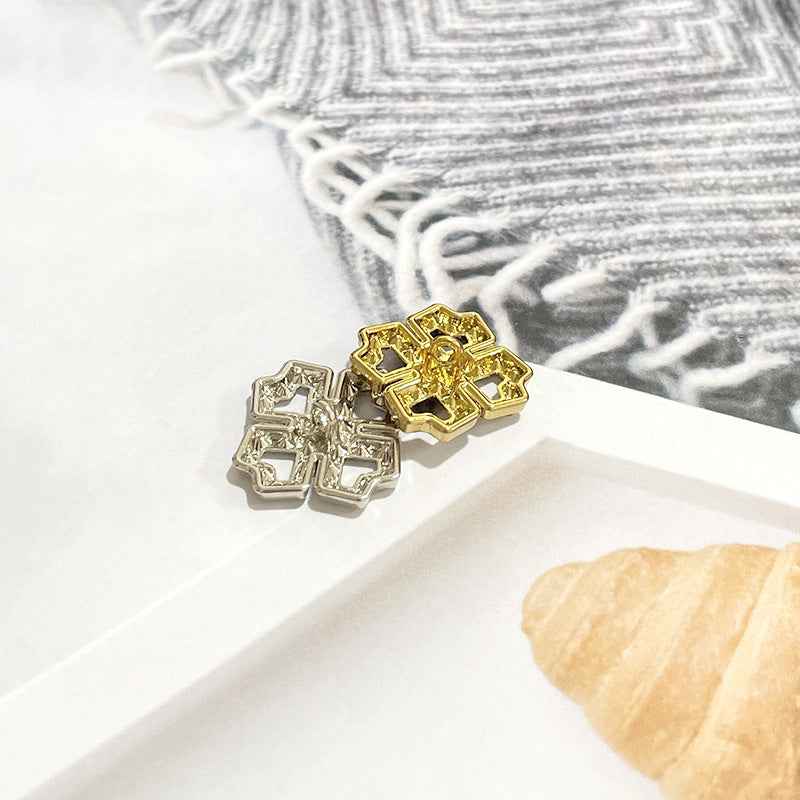 Four-Leaf Clover crystal metal shank buttons, gold and silver tones, pair