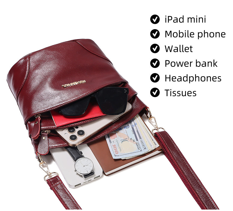 Top Grain Leather Women's Crossbody Bucket Shoulder Bag