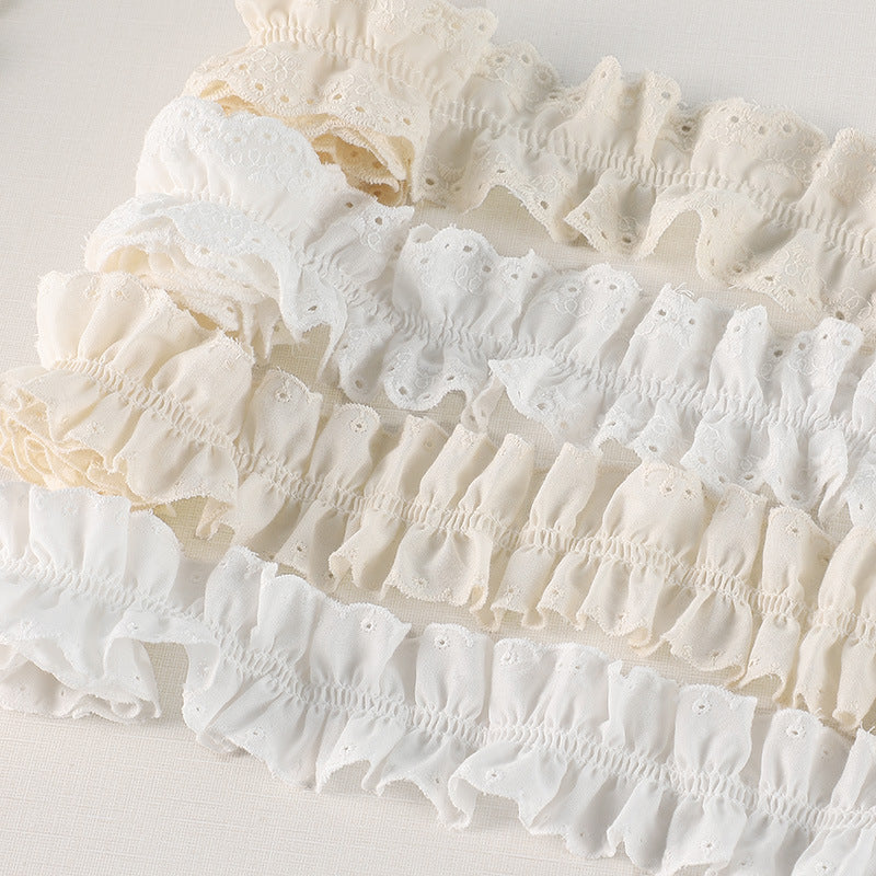 Beige 3D cotton pleated lace trim, scalloped ruffles with eyelet dots, double-sided