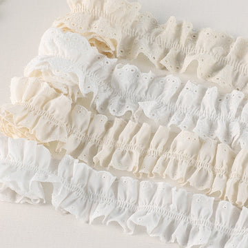 Beige 3D cotton pleated lace trim, scalloped ruffles with eyelet dots, double-sided