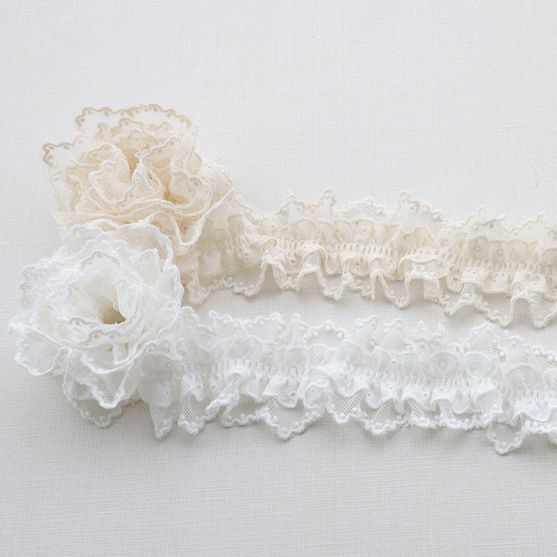Beige pleated lace trim elastic, double-layer ruffle with soft gathered texture