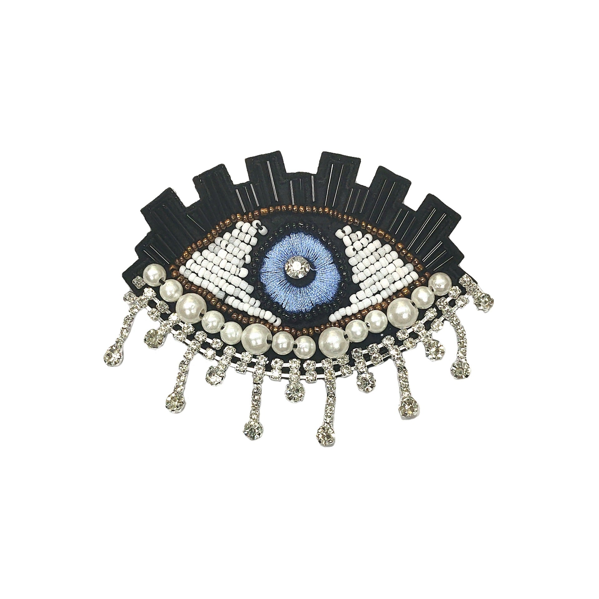 Blue beaded eye applique with black fan border and dangling crystal-like strands