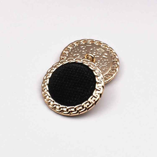 Black sequin shank button with gold-toned chain edge and fabric-covered front (18/23/25mm)