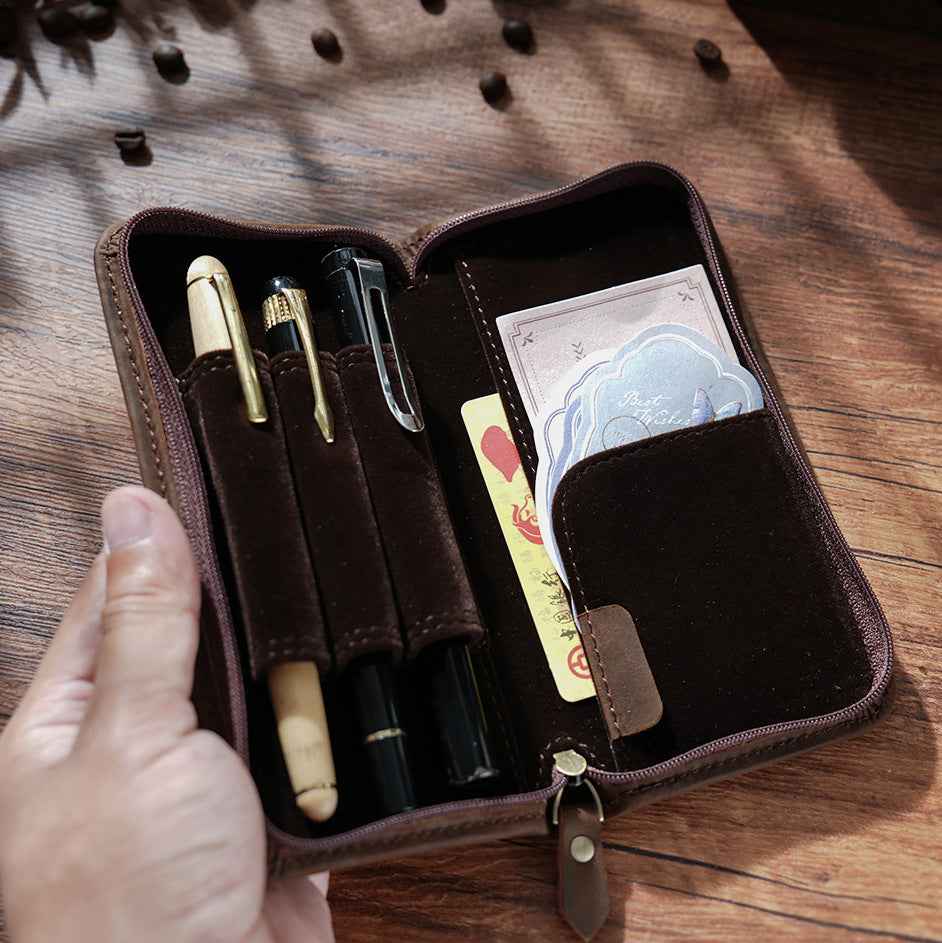 Crazy Horse Leather Fountain Pen Pouch Full-Grain Cowhide Zipper Case