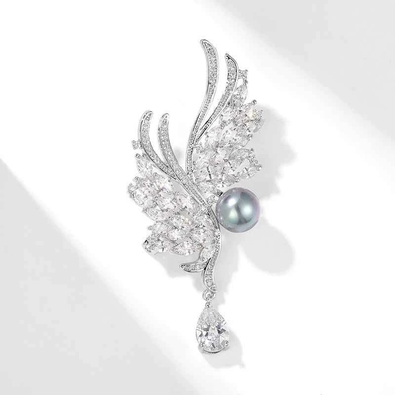 Natural pearl zircon silver wing brooch pin with dark gray-blue pearl drop