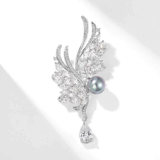 Natural Pearl Zircon Silver Wing Metal Brooch Pin Silver Black