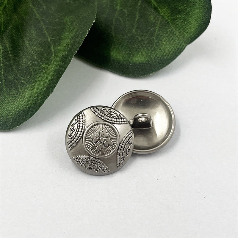 Fog silver flower metal shank button, round front with ornate border, shank visible