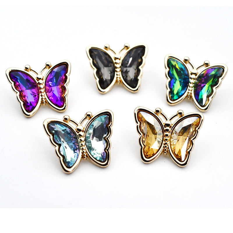 Butterfly crystal glass metal shank buttons, multicolor iridescent gems in purple, green, blue