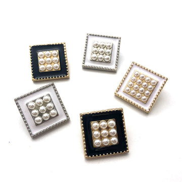 Square pearl metal shank buttons: navy center, gold border, clustered white pearls