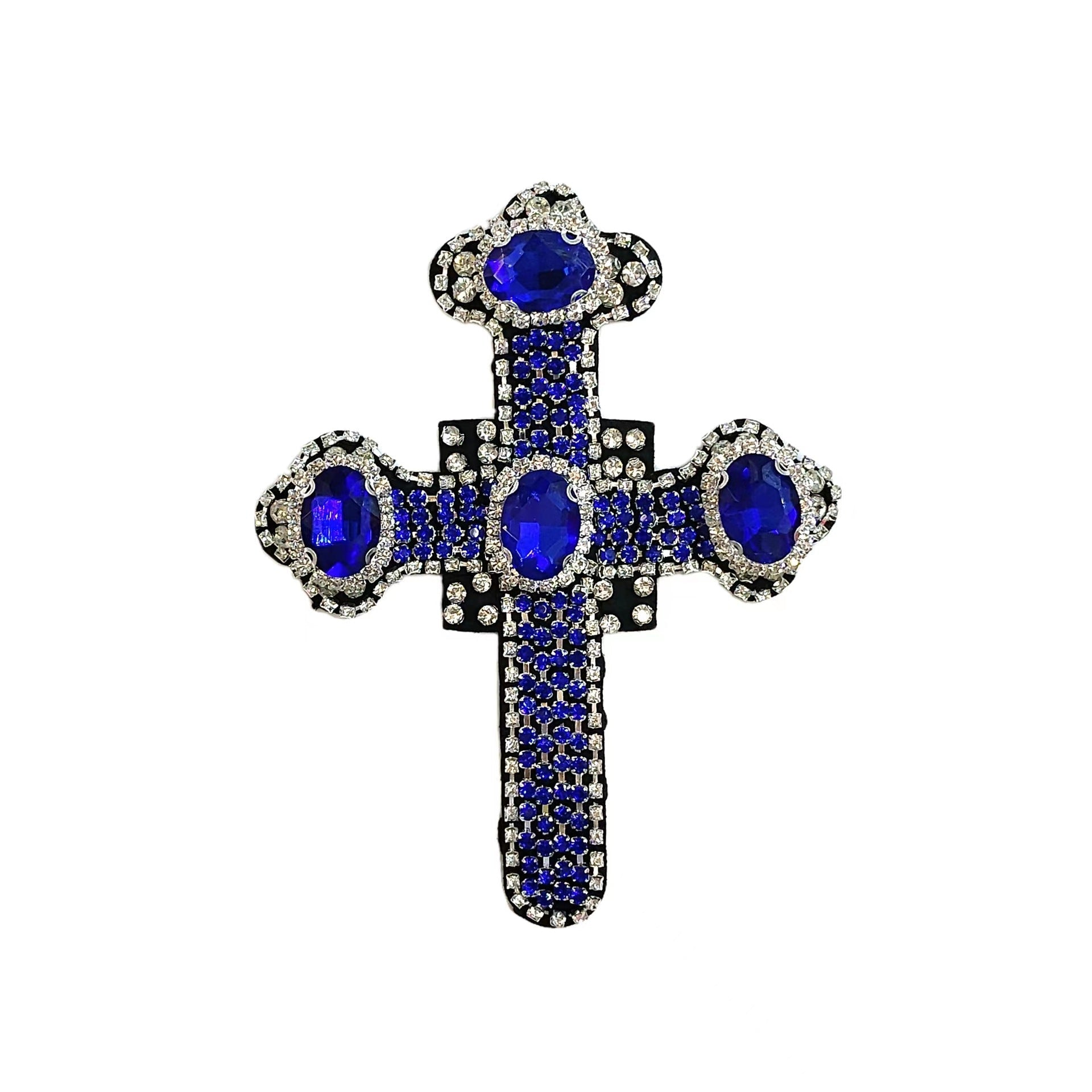 Beaded cross patch with royal-blue stones and blue beadwork on black.