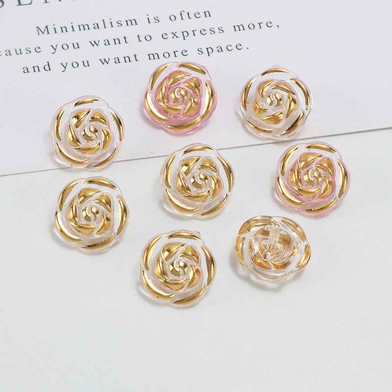 12.5mm rosette rose buttons, candy pink centers with gold trim (100 pack)
