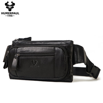 Men's Genuine Leather Waist Bag Packs Black