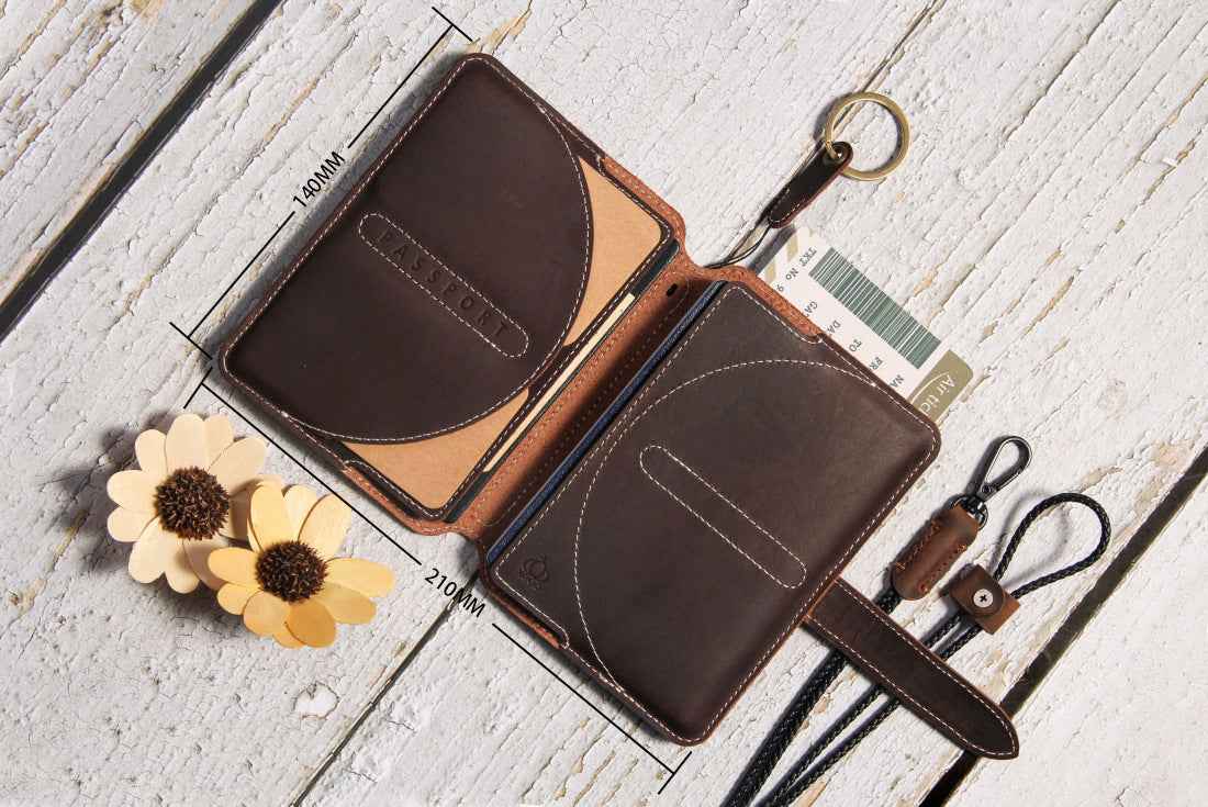 Leather Passport Wallet with AirTag Finger Ring Neck Strap