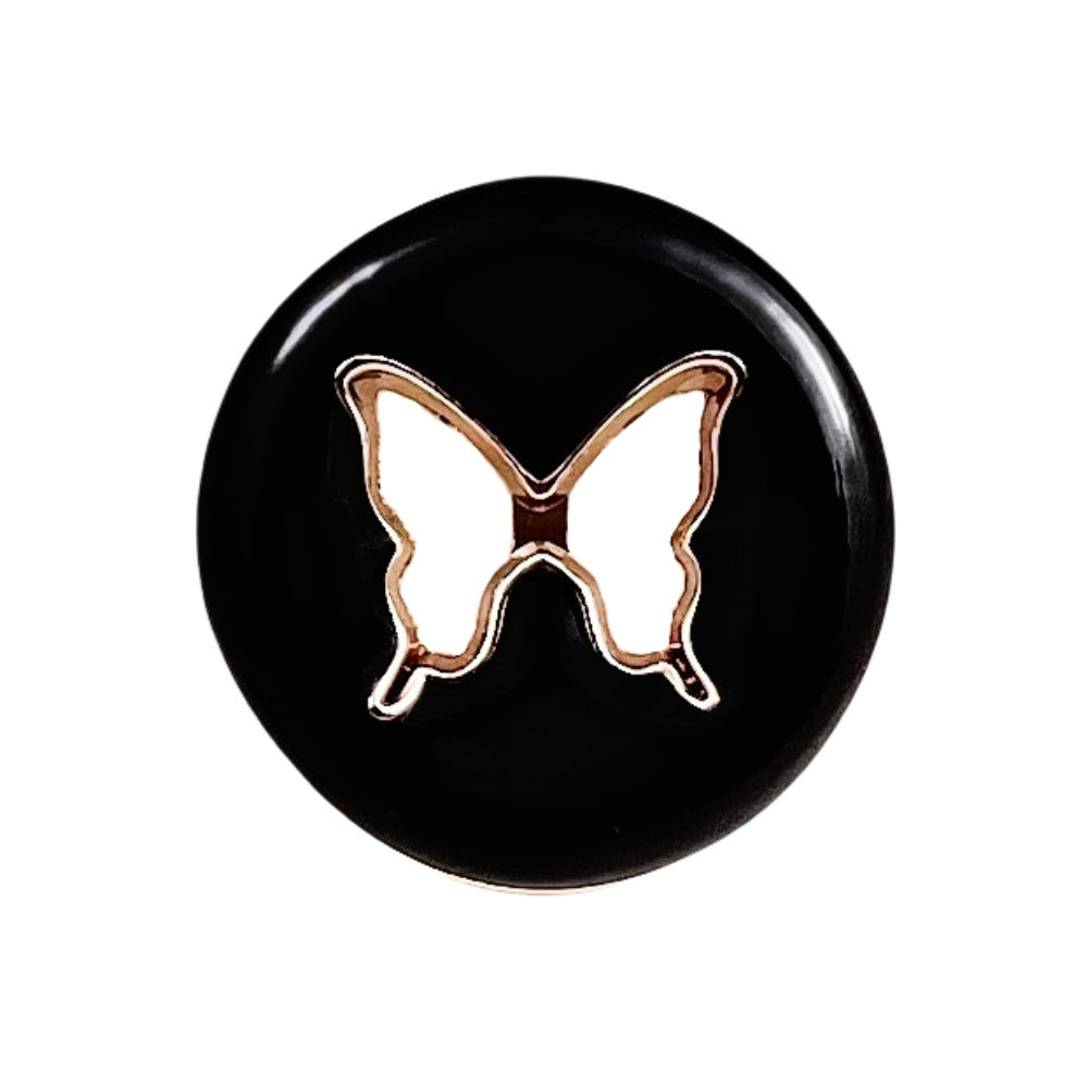 Black hollow butterfly metal button, round, with gold-colored butterfly cutout