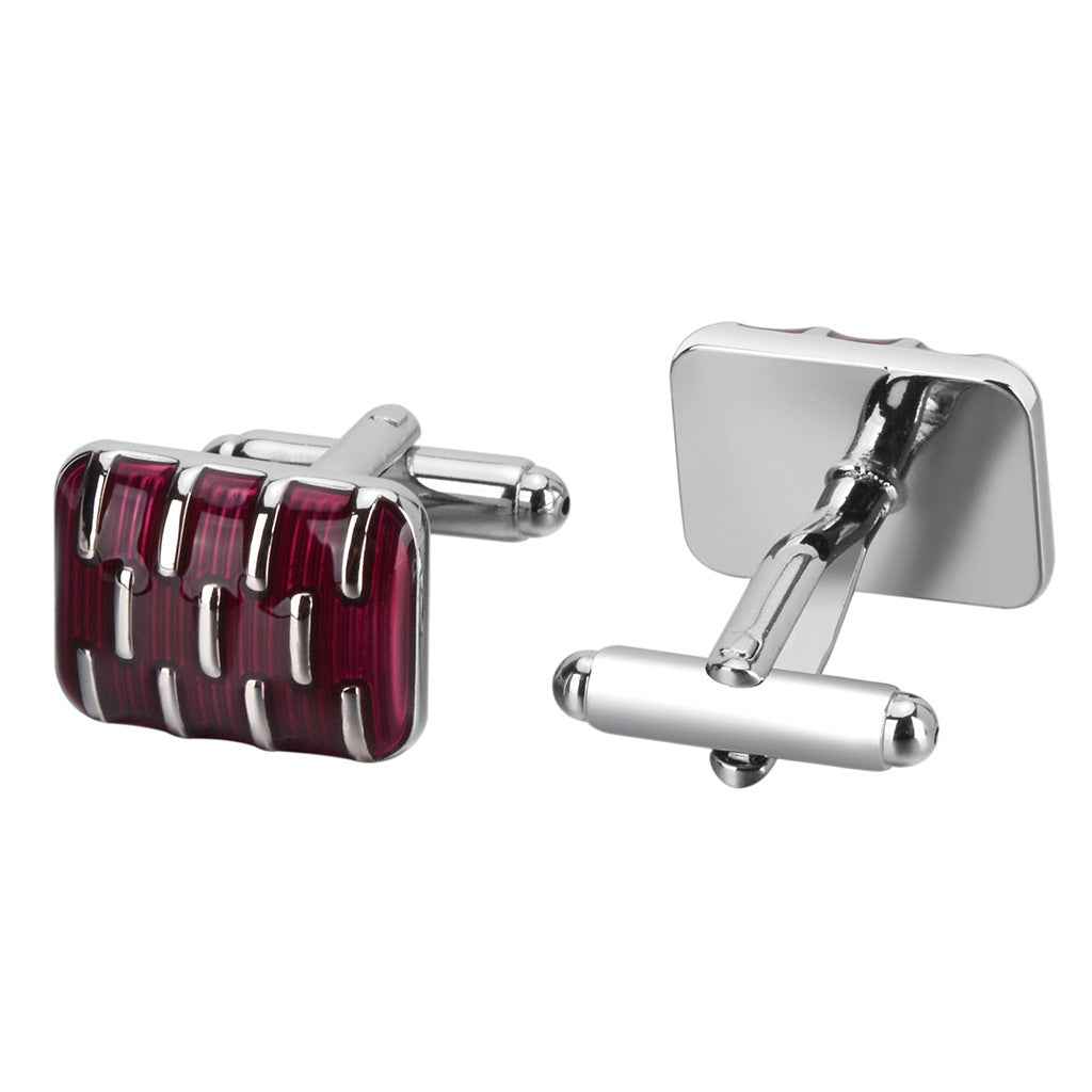 Red rectangular resin cufflinks with silver backing and posts, pair