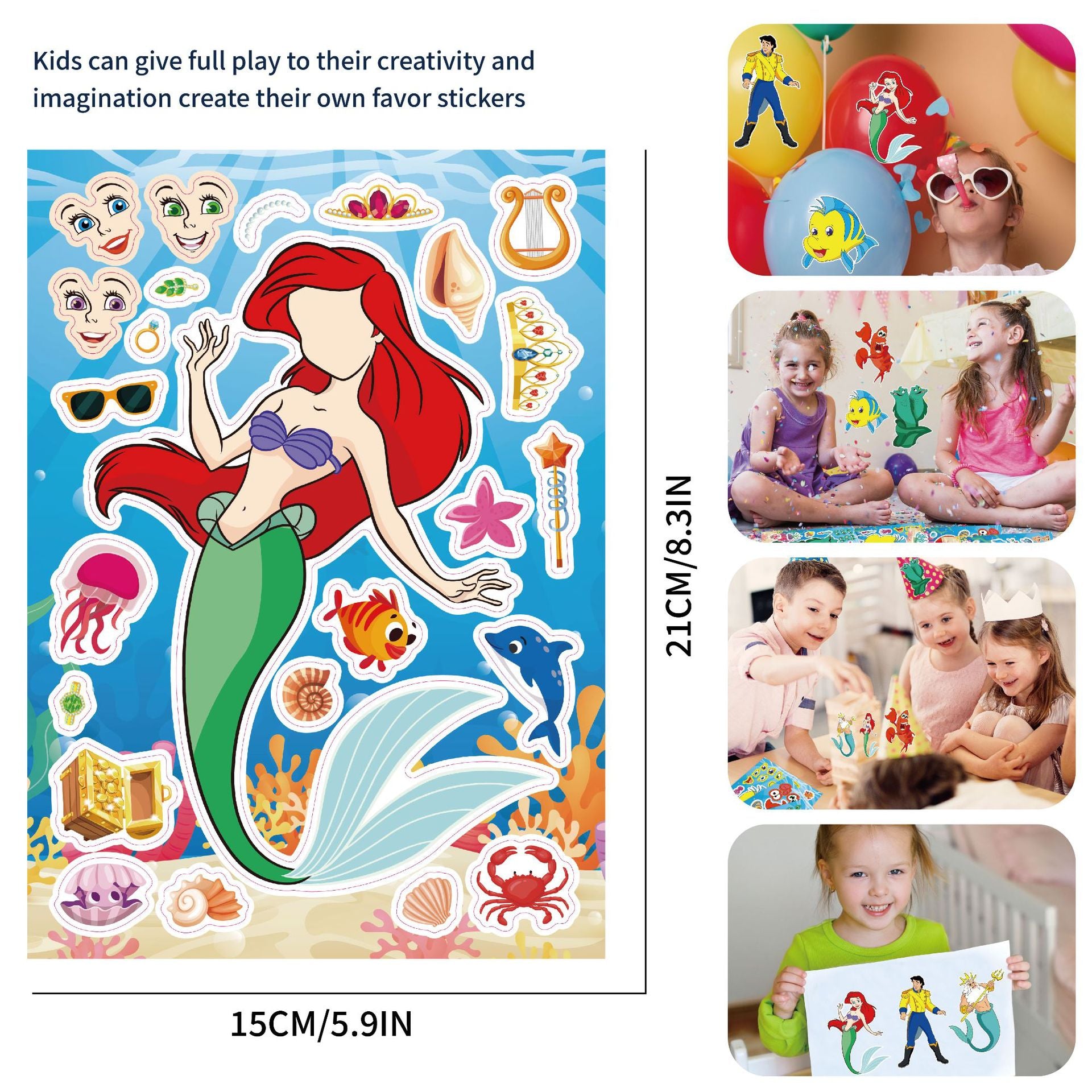 32Pcs Cartoon Mermaid Make a Face Stickers for Kids Girls