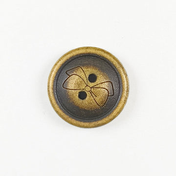 Round wood butterfly pattern button with two holes, dark blue center and gold edge