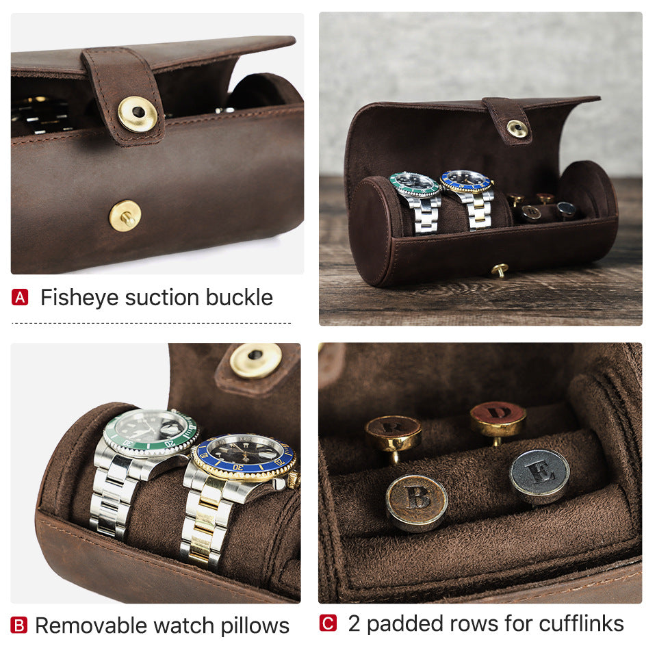 Vintage Leather 2-Slot Cylindrical Watch Button Box Case