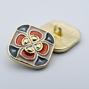 Square metal shank flower button, blue/red enamel four petals, gold-tone center