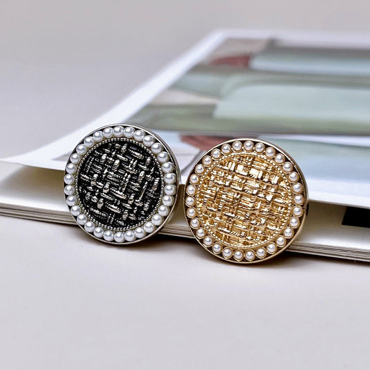 Round Edge Pearl Embellished Tweed Check Metal Shank Button 20pcs