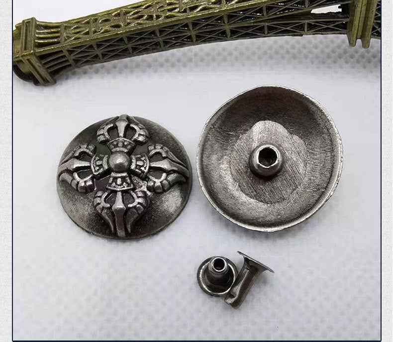 Round antique-silver cross rivet stud: front face, back plate, and attachment posts