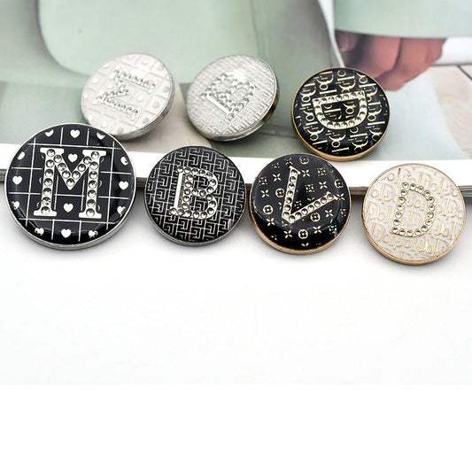18/23mm Black Round BDMV Letter Rhinestone Metal Shank Buttons 12pcs