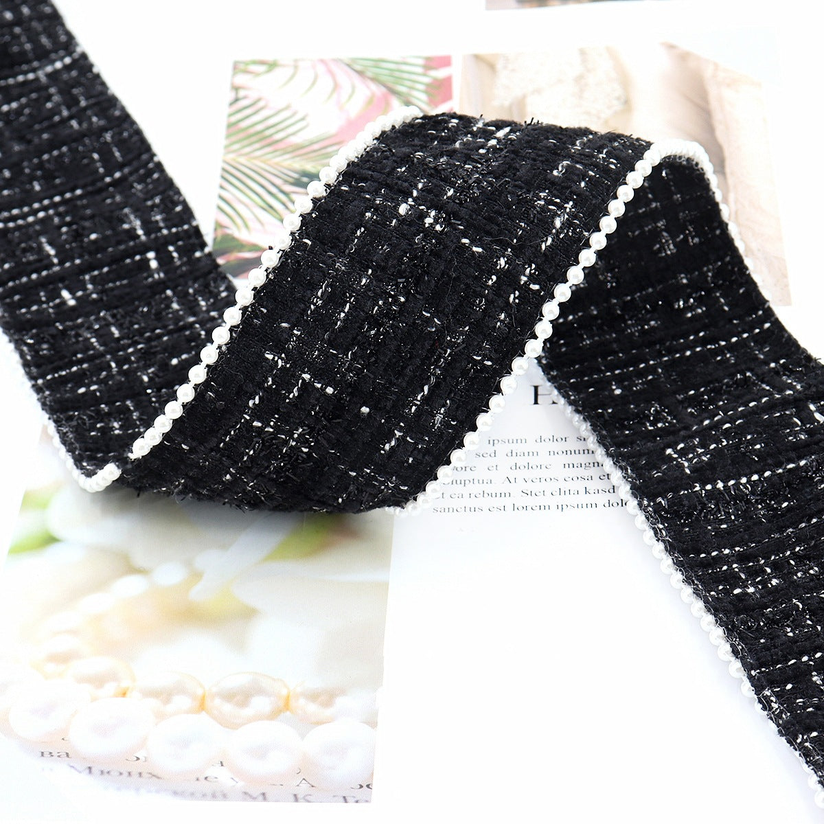 Black checkered flannel ribbon with white bead edge, 38 mm width
