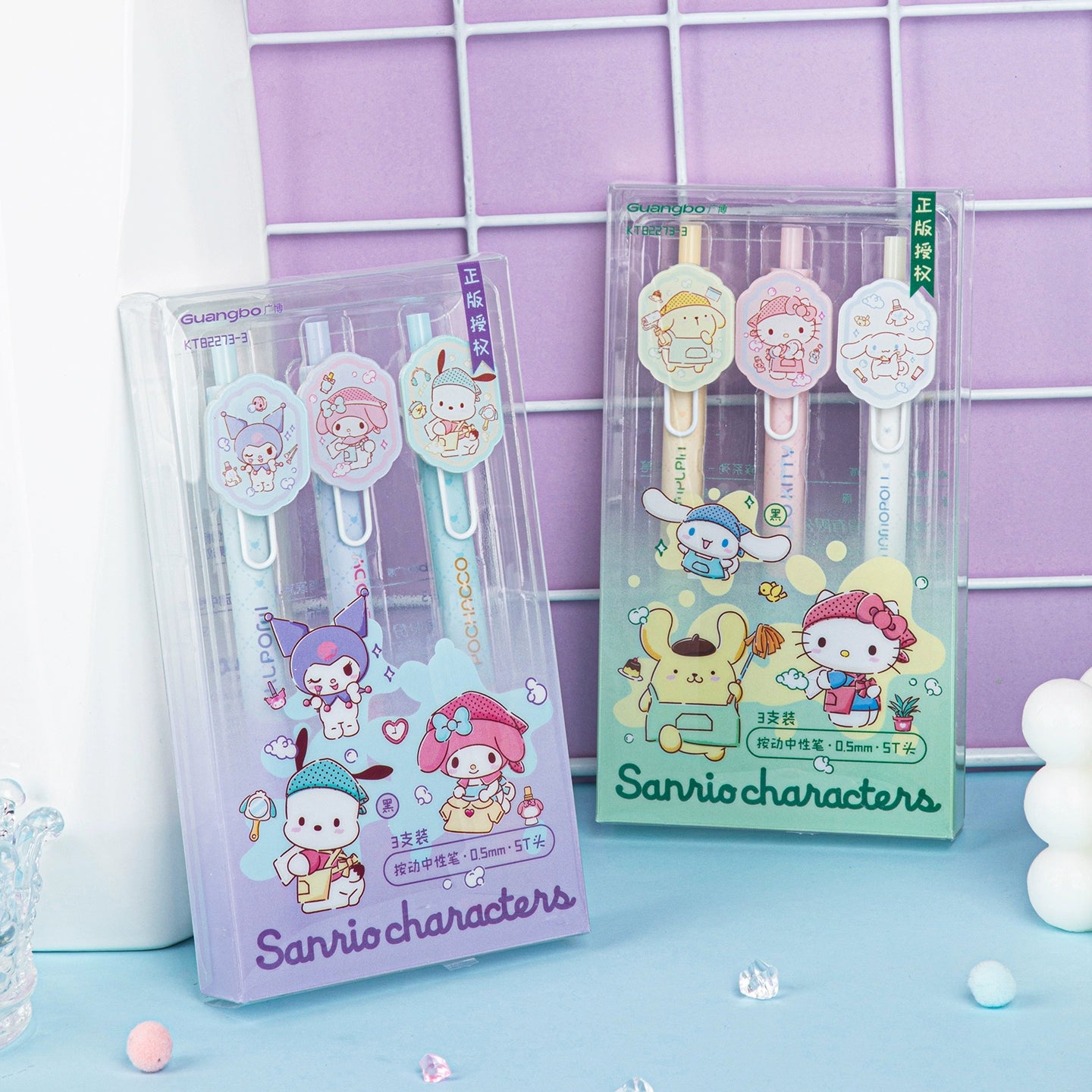 Set de 6 bolígrafos de gel Guangbo Sanrio Click con clip de personaje de dibujos animados