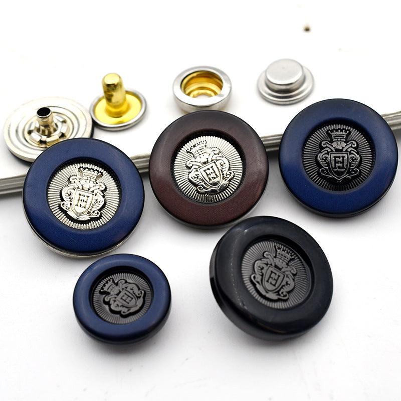 Navy blue round snap button set with vintage crown crest, metal back and studs