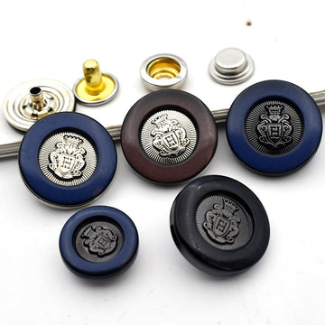 Navy blue round snap button set with vintage crown crest, metal back and studs