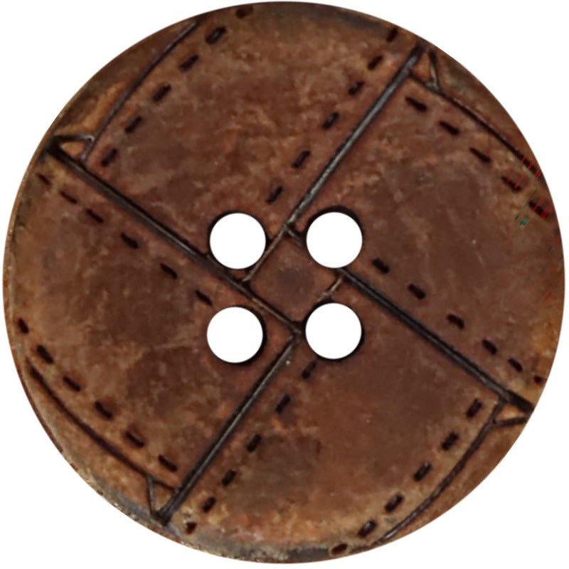 Round 4-hole horn button with geometric engraved design and dark stitched lines