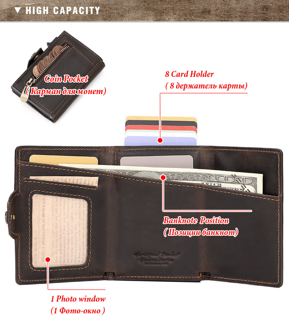 Waxed Leather Wallet Coin Purse,Auto-Eject RFID Metal Card Case