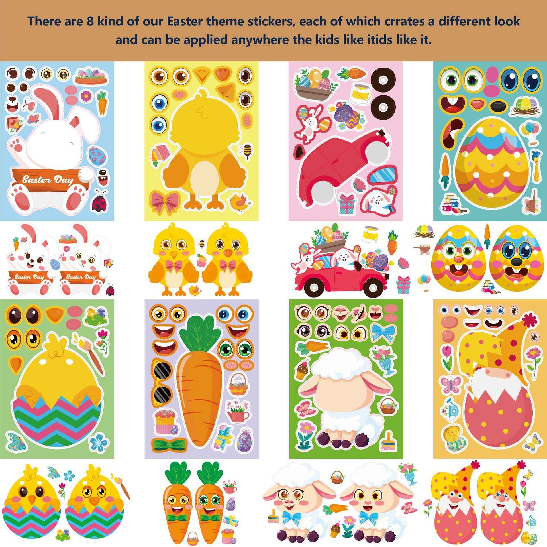 24 PCS Easter Stickers for Kids Make a Face Sticker DIY