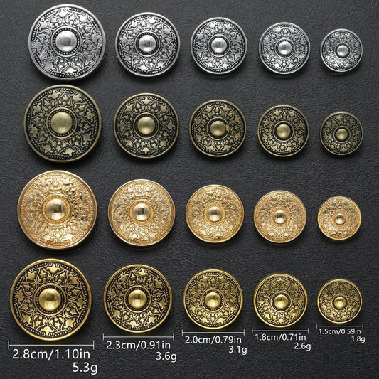 30er Set runde Vintage-Metallknöpfe in Antik-Silber-, Gold- und Bronze-Farben, mit Größenangaben