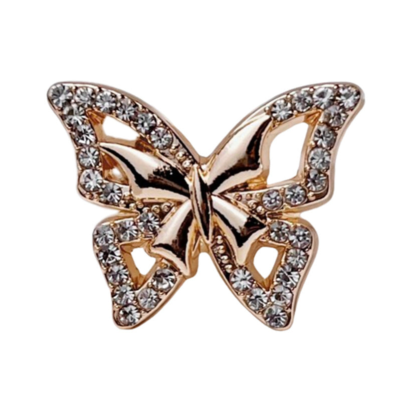 Butterfly rhinestone metal shank button, gold-tone with sparkling crystal border