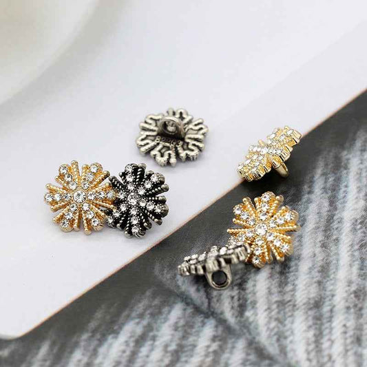 Schneeflocken-Strassknöpfe mit Metallstiel, schwarz-silber und goldfarben