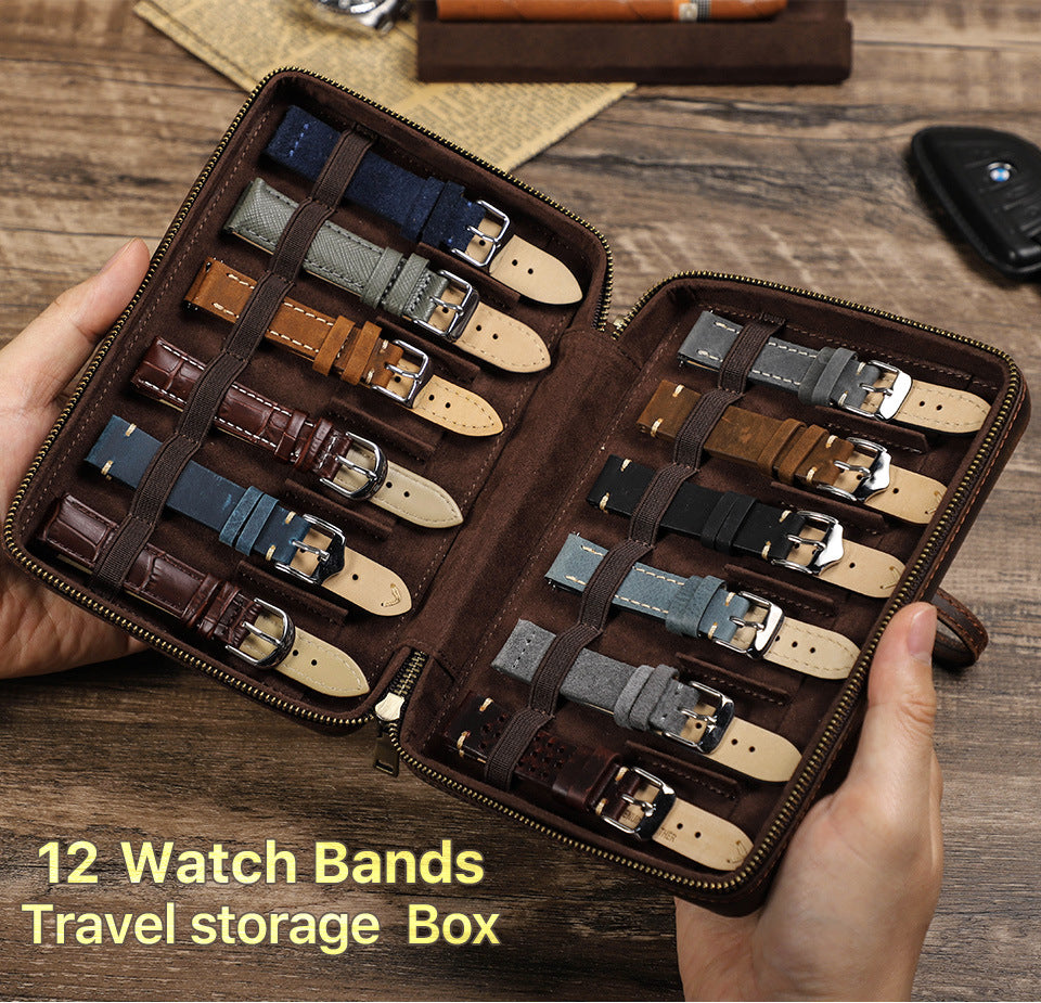 12-Slot Vintage Crazy Horse Leather Watch Strap Box | Handcrafted Zipper Travel Organizer