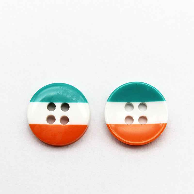 Round 4-hole resin buttons, teal top, white center, orange bottom stripe