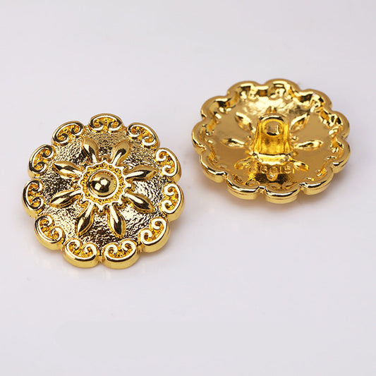 Gold domed floral metal shank buttons, round scalloped filigree design